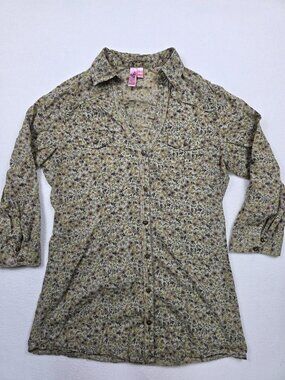 Dolled Up Floral Button-Up Shirt 3/4 Sleeves M 100% Cotton Cottage Core Blouse